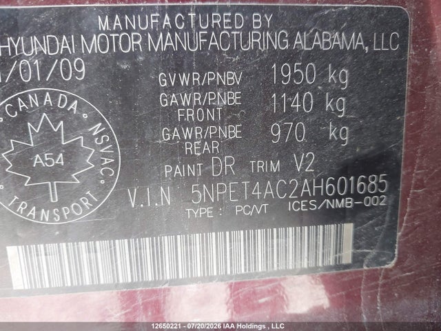 12650221 :رقم المزاد ، 5NPET4AC2AH601685 vin ، 2010 Hyundai Sonata Gl مزاد بيع