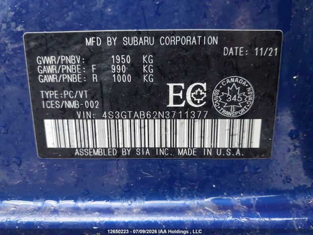 12650223 :رقم المزاد ، 4S3GTAB62N3711377 vin ، 2022 Subaru Impreza مزاد بيع
