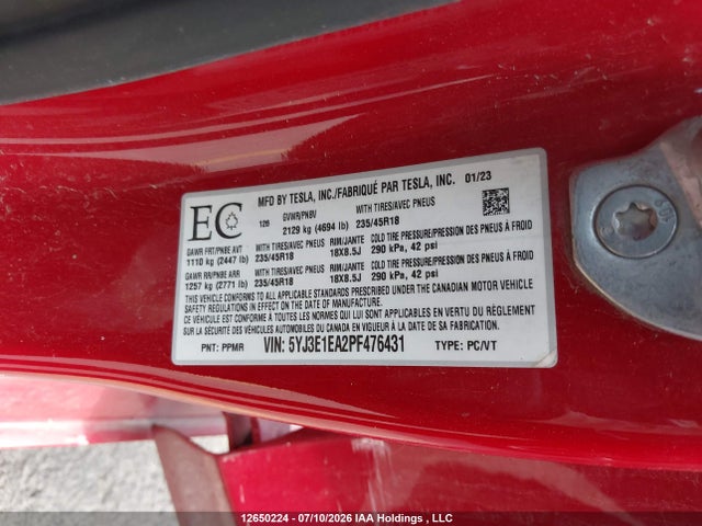 2023 Tesla Model 3 მანქანა იყიდება აუქციონზე, vin: 5YJ3E1EA2PF476431, აუქციონის ნომერი: 12650224