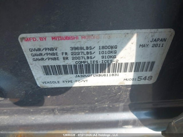 2011 Mitsubishi Lancer Se მანქანა იყიდება აუქციონზე, vin: JA32U2FUXBU611831, აუქციონის ნომერი: 12650228