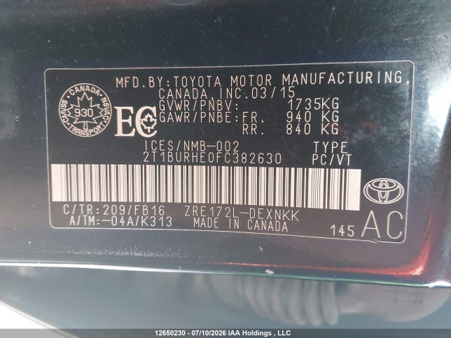 2T1BURHE0FCT82630 Toyota Corolla L/le/le Pls/prm/s/s Pls