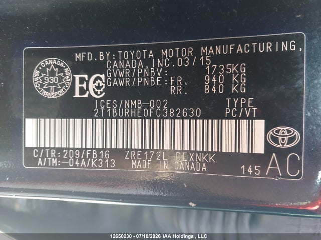 2T1BURHE0FCT82630 Toyota Corolla L/le/le Pls/prm/s/s Pls
