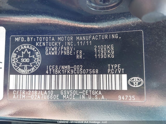 12650232 :رقم المزاد ، 4T1BK1FK9CU507568 vin ، 2012 Toyota Camry Se/xle مزاد بيع