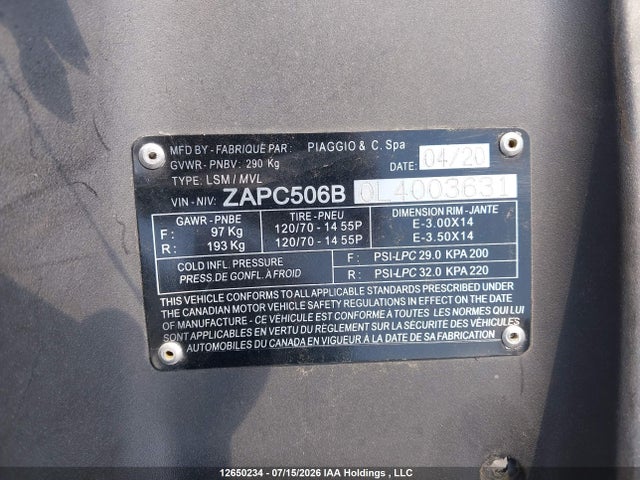 Продаж на аукціоні авто 2020 Vespa Piaggio Typhoon, vin: ZAPC506B0L4003631, номер лоту: 12650234
