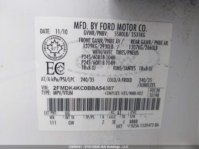 Aukcja sprzedaży 2011 Ford Edge Limited, vin: 2FMDK4KC0BBA54387, numer aukcji: 12650241