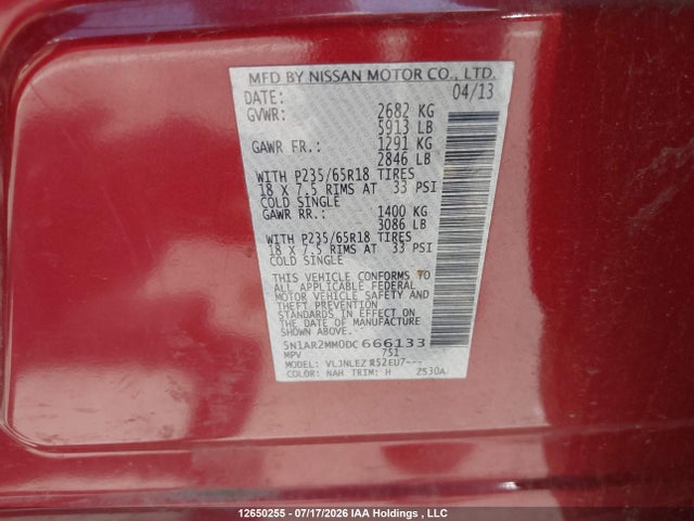 12650255 :رقم المزاد ، 5N1AR2MM0DC666133 vin ، 2013 Nissan Pathfinder Sv مزاد بيع