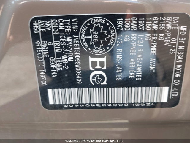 Aukcja sprzedaży 2025 Nissan Rogue Platinum, vin: JN8BT3DD9SW303409, numer aukcji: 12650256