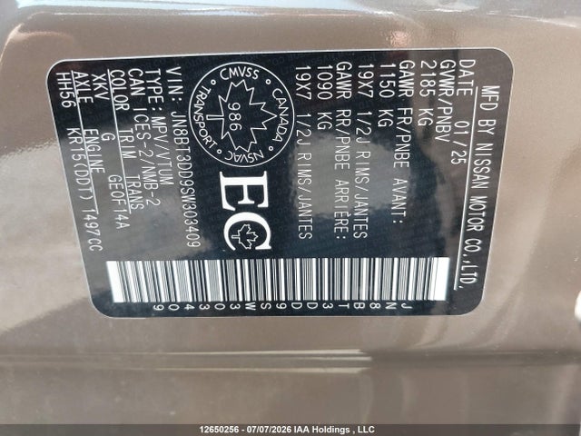 Aukcja sprzedaży 2025 Nissan Rogue Platinum, vin: JN8BT3DD9SW303409, numer aukcji: 12650256