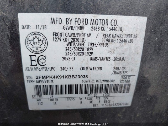 Aukcja sprzedaży 2019 Ford Edge Titanium, vin: 2FMPK4K91KBB23038, numer aukcji: 12650257