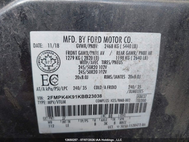 Aukcja sprzedaży 2019 Ford Edge Titanium, vin: 2FMPK4K91KBB23038, numer aukcji: 12650257