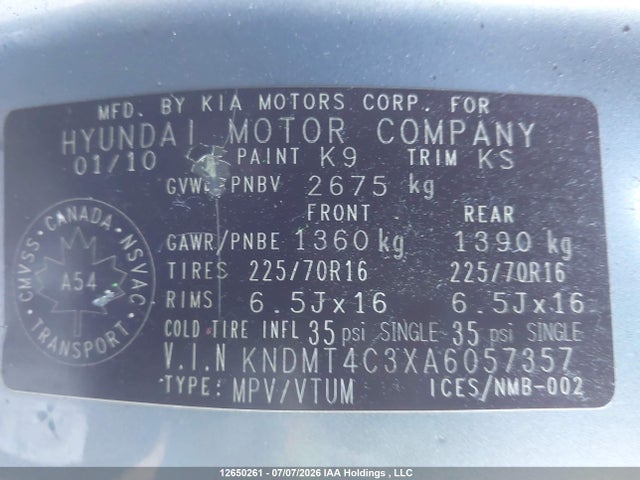 12650261 :رقم المزاد ، KNDMT4C3XA6057357 vin ، 2010 Kia Sedona Lx مزاد بيع