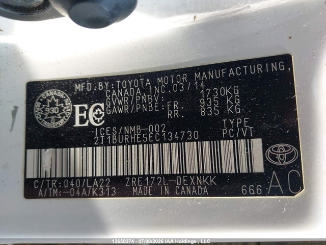 12650274 :رقم المزاد ، 2T1BURHE5EC134730 vin ، 2014 Toyota Corolla Le مزاد بيع