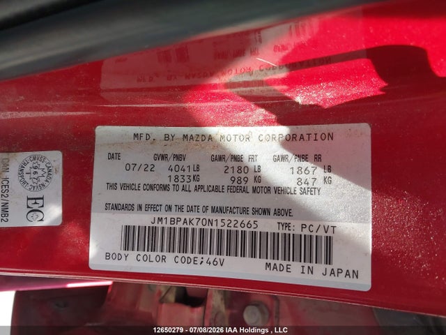 2022 Mazda 3 Select მანქანა იყიდება აუქციონზე, vin: JM1BPAK70N1522665, აუქციონის ნომერი: 12650279