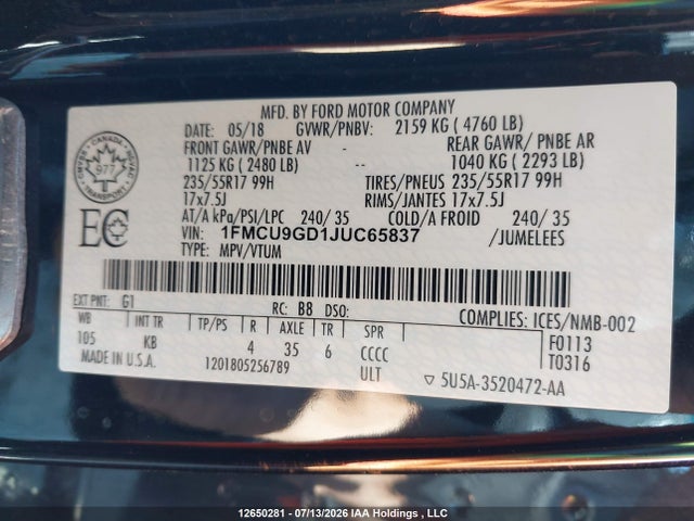 Ford ESCAPE SE 2018 1FMCU9GD1JUC65837 Image 19
