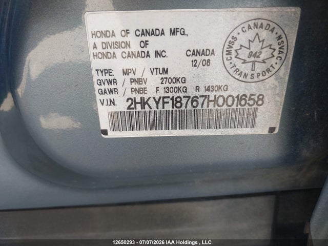 2007 Honda Pilot Ex-l მანქანა იყიდება აუქციონზე, vin: 2HKYF18767H001658, აუქციონის ნომერი: 12650293