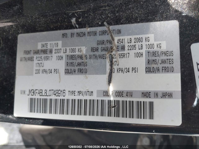 Aukcja sprzedaży 2020 Mazda Cx-5 Gx, vin: JM3KFABL8L0748916, numer aukcji: 12650302