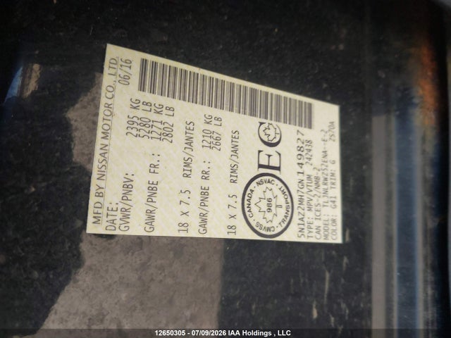 12650305 :رقم المزاد ، 5N1AZ2MH7GN149827 vin ، 2016 Nissan Murano Platinum/sl/sv مزاد بيع