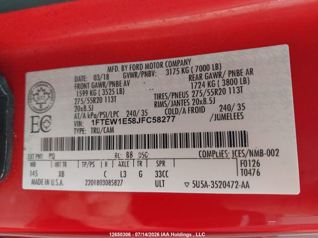 12650306 :رقم المزاد ، 1FTEW1E58JFC58277 vin ، 2018 Ford F150 Supercrew مزاد بيع