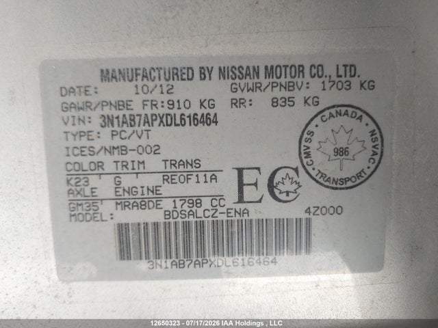 Продаж на аукціоні авто 2013 Nissan Sentra S/sv/sr/sl, vin: 3N1AB7APXDL616464, номер лоту: 12650323