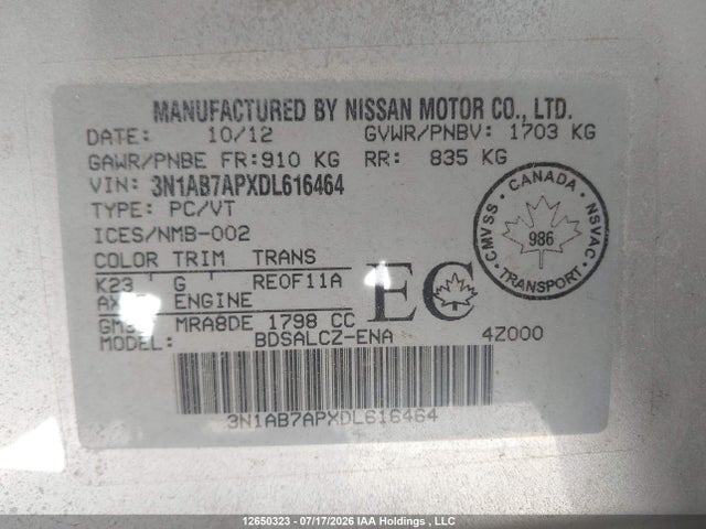 Продаж на аукціоні авто 2013 Nissan Sentra S/sv/sr/sl, vin: 3N1AB7APXDL616464, номер лоту: 12650323