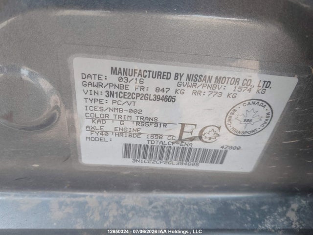 3N1CE2CP2GL394605 Nissan Versa Note 1.6 S/1.6 Sl/1.6 Sr/1.6 Sv