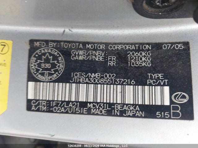 2005 Lexus Es 330 მანქანა იყიდება აუქციონზე, vin: JTHBA30G855137216, აუქციონის ნომერი: 12638208