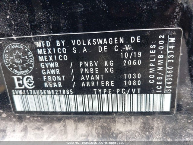3VW117AU5KM521885 Volkswagen Golf Sportwagen 1.8 Tsi Comfortline/1.8 Tsi Highline