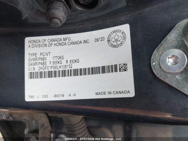 2020 Honda Civic Touring მანქანა იყიდება აუქციონზე, vin: 2HGFC1F9XLH106132, აუქციონის ნომერი: 12650331