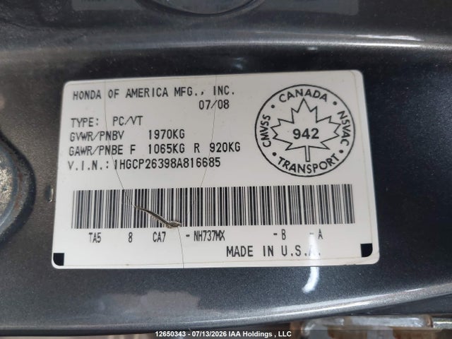 12650343 :رقم المزاد ، 1HGCP26398A816685 vin ، 2008 Honda Accord Lx مزاد بيع