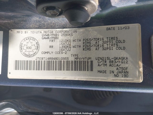 Продаж на аукціоні авто 2004 Toyota 4runner Sr5 V8, vin: JTEBT14R848010955, номер лоту: 12650356