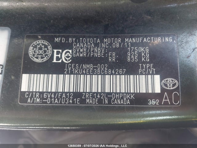 2011 Toyota Corolla Matrix მანქანა იყიდება აუქციონზე, vin: 2T1KU4EE3BC684267, აუქციონის ნომერი: 12650359