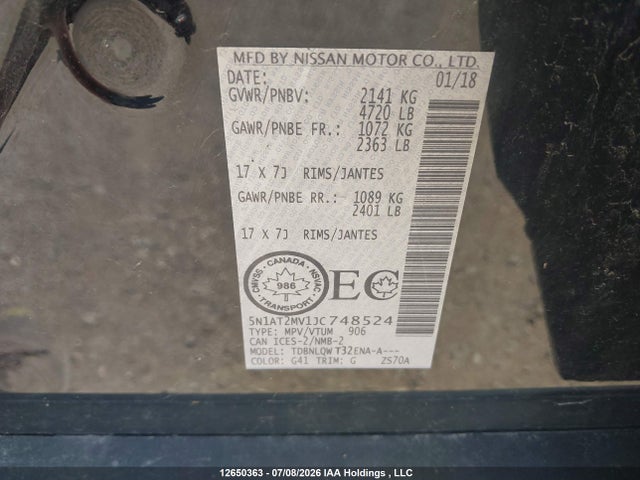 Продажа на аукционе авто 2018 Nissan Rogue Midnight Edition/s/sl/sl W/propilot Assist/sv, vin: 5N1AT2MV1JC748524, номер лота: 12650363