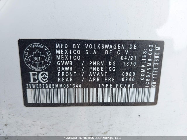 12650373 :رقم المزاد ، 3VWE57BU5MM061344 vin ، 2021 Volkswagen Jetta Highline مزاد بيع
