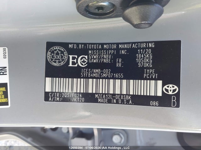 Продаж на аукціоні авто 2021 Toyota Corolla Se, vin: 5YFB4MBE5MP071655, номер лоту: 12650394