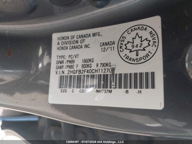 Продаж на аукціоні авто 2012 Honda Civic Lx, vin: 2HGFB2F40CH112700, номер лоту: 12650397