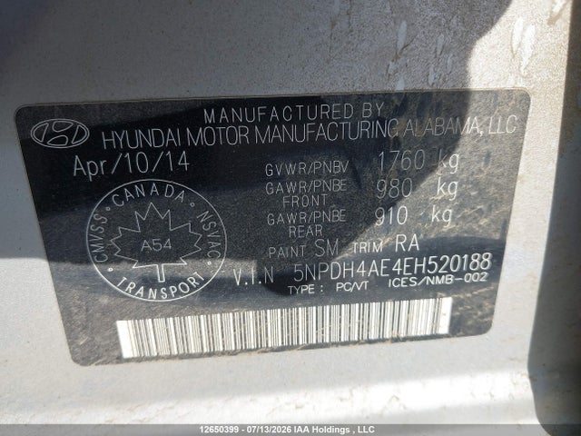 5NPDH4AE4EH520188 Hyundai ELANTRA GL