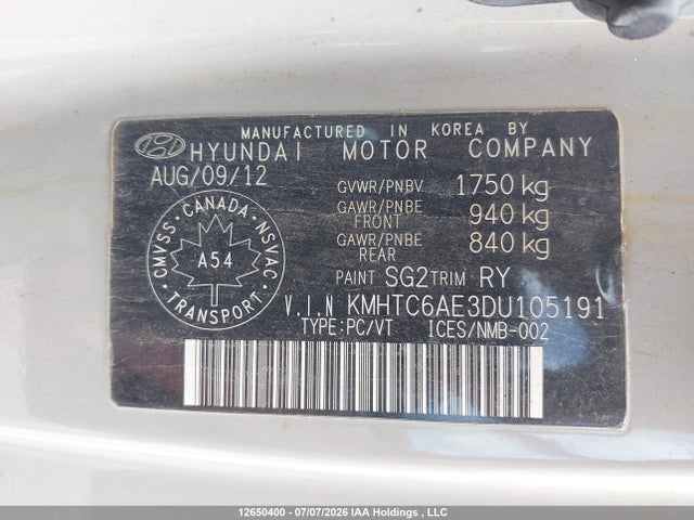 12650400 :رقم المزاد ، KMHTC6AE3DU105191 vin ، 2013 Hyundai Veloster مزاد بيع