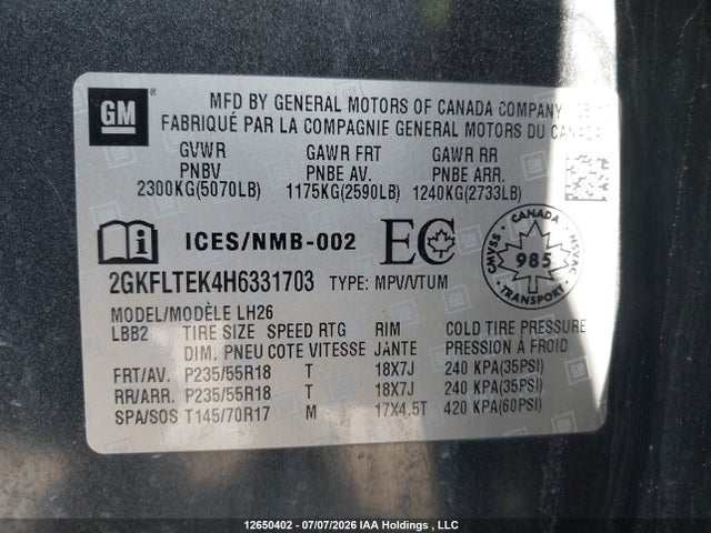 12650402 :رقم المزاد ، 2GKFLTEK4H6331703 vin ، 2017 Gmc Terrain Sle مزاد بيع