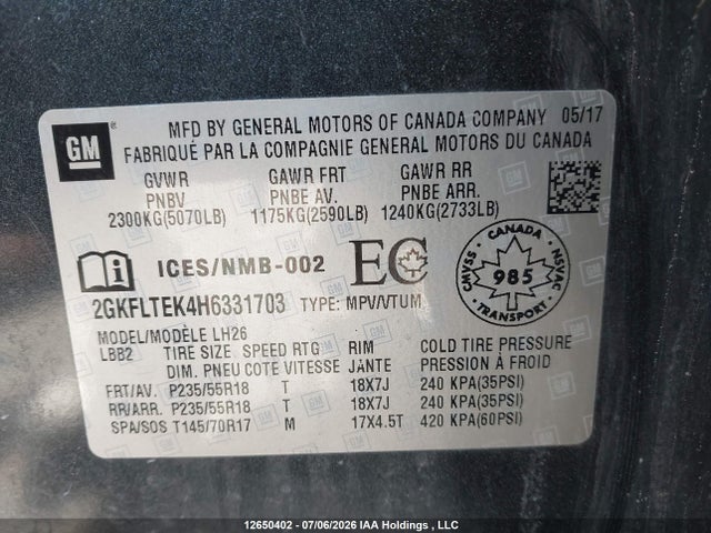 12650402 :رقم المزاد ، 2GKFLTEK4H6331703 vin ، 2017 Gmc Terrain Sle مزاد بيع