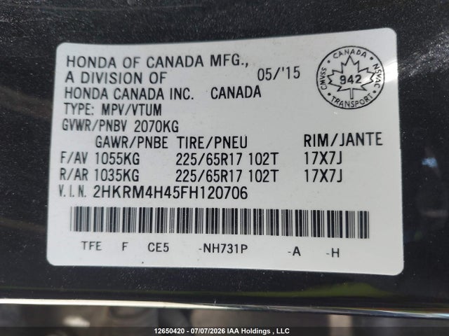 12650420 :رقم المزاد ، 2HKRM4H45FH120706 vin ، 2015 Honda Cr-v Se مزاد بيع