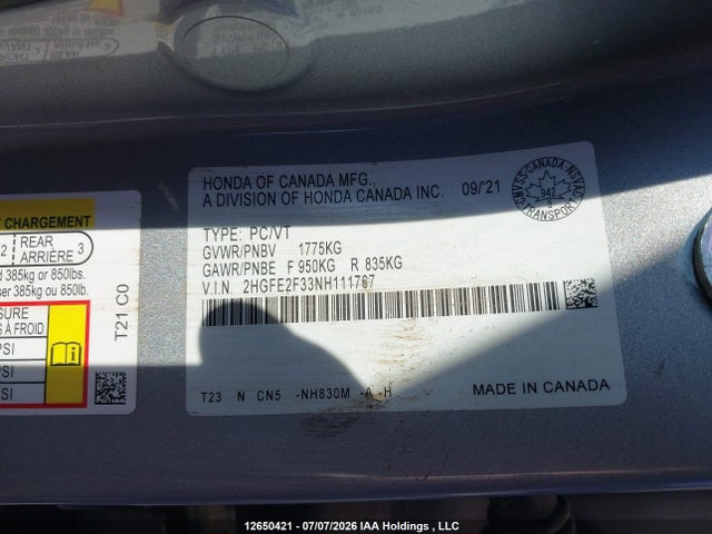Honda CIVIC EX 2022 2HGFE2F33NH111767 Image 9