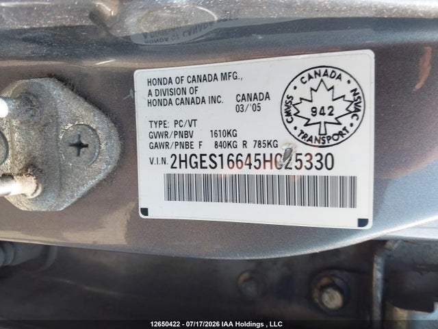 2005 Honda Civic Lx მანქანა იყიდება აუქციონზე, vin: 2HGES16645H025330, აუქციონის ნომერი: 12650422