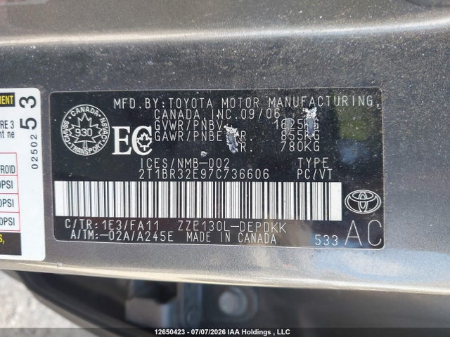 Продажа на аукционе авто 2007 Toyota Corolla Ce/le/s, vin: 2T1BR32E97C736606, номер лота: 12650423