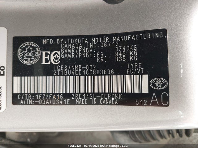 Продаж на аукціоні авто 2012 Toyota Corolla S/le, vin: 2T1BU4EE1CC883836, номер лоту: 12650424