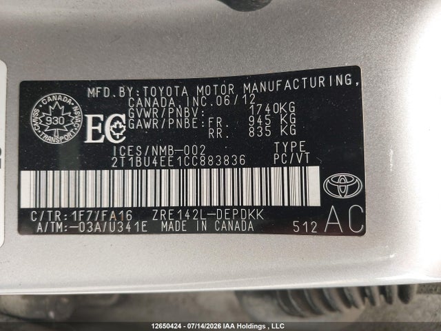 Продаж на аукціоні авто 2012 Toyota Corolla S/le, vin: 2T1BU4EE1CC883836, номер лоту: 12650424