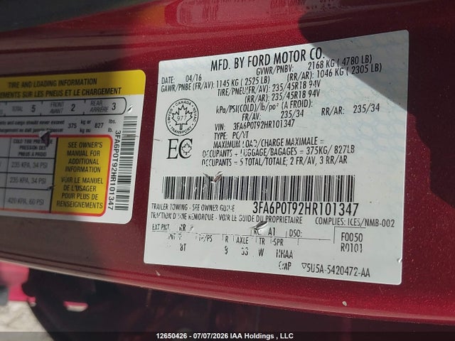 Ford FUSION SE 2017 3FA6P0T92HR101347 Image 9