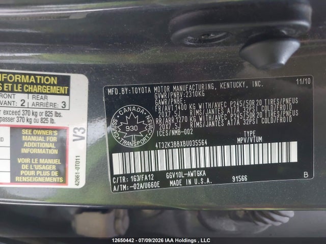 2011 Toyota Venza მანქანა იყიდება აუქციონზე, vin: 4T3ZK3BBXBU035564, აუქციონის ნომერი: 12650442