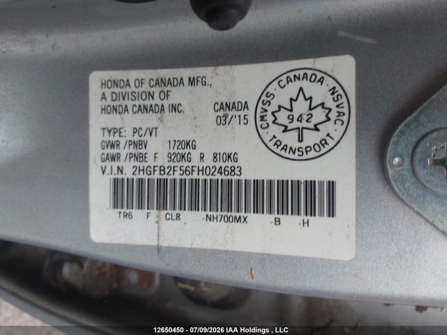Aukcja sprzedaży 2015 Honda Civic Lx, vin: 2HGFB2F56FH024683, numer aukcji: 12650450