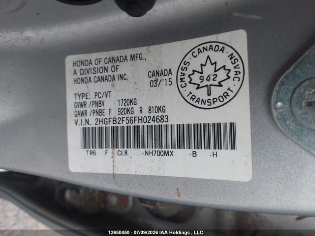 Aukcja sprzedaży 2015 Honda Civic Lx, vin: 2HGFB2F56FH024683, numer aukcji: 12650450