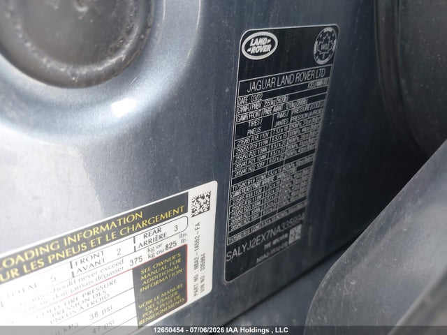 12650454 :رقم المزاد ، SALYJ2EX7NA335994 vin ، 2022 Land Rover Range Rover Velar S مزاد بيع